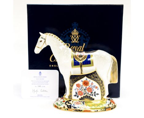 A boxed limited edition Royal Crown Derby 'Race Horse', No. 140/1500, with certificate, first quality, gold stopper 