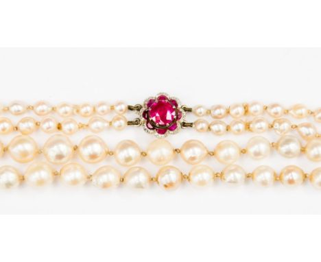 A double strand graduated cultured pearl necklace with synthetic ruby and small rose cut diamond clasp, length approx 23.5 in