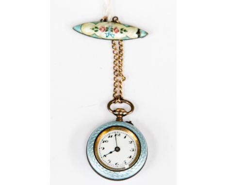 A silver and blue guilloche, enamelled fob watch with brooch pin