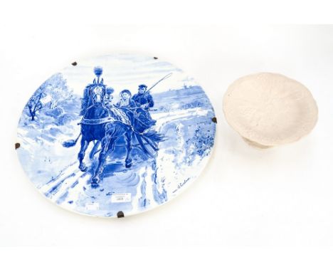 A Continental charger, blue and white horse and carriage in the snow, with a small compact