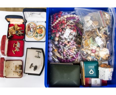 One box of costume jewellery to include 9ct watch bracelets, a 9ct gold front/back locket, a silver Victoria brooch inscribed