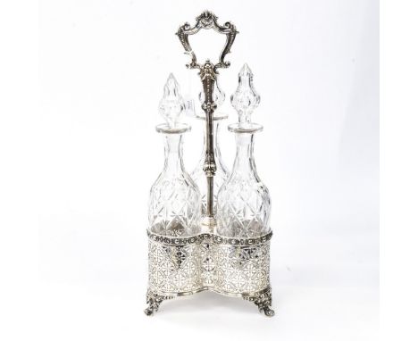 An EPNS Victorian decanter caddy, for three cut glass decanters (individual), all in good condition