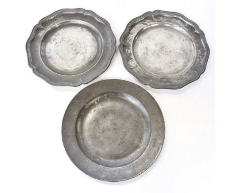Three pewter plates, 18th Century or later, London touchmarks ED.L and 'Bright' 'Hard' London (3) 