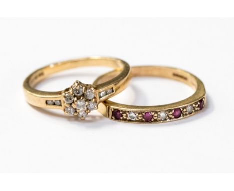 Two 9ct gold rings one set with a diamond flower head cluster, size M along with a diamond and ruby half eternity ring, size 