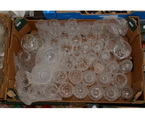 A box of assorted glassware, comprising wine glasses, Champagne flutes, Port glasses, Sherry glasses, Whisky glasses, tumbler