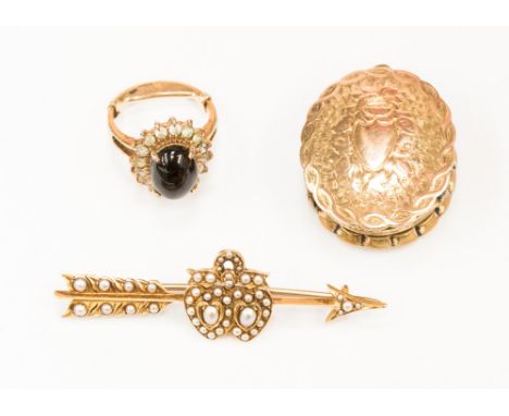 Three items of jewellery comprising a 9ct gold back and front oval locket, a Victorian seed pearl set double heart and arrow 
