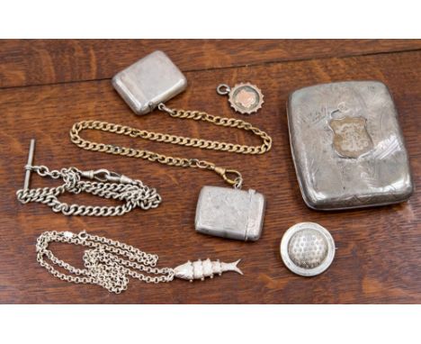 Two silver vesta cases with indistinct Chester and London hallmarks, a silver fob chain and fob pendant with rose gold front,
