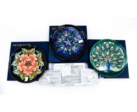 Three Moorcroft boxed and limited edition cabinet plates, Moocroft year plate, 10th edition 1991, limited edition 163/250, Mo