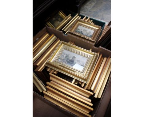 Lithograph prints of etchings, gilt framed, all 19th century scenes of  water, houses, churches etc (2 boxes) 