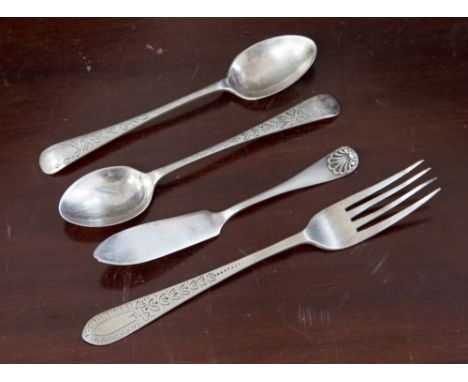 A fork, butter knife and a pair of teaspoons, all with Sheffield hallmarks, approx 1.68ozt/52.1gms 