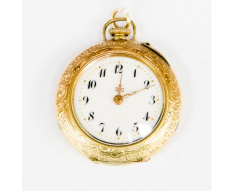A 14ct gold fob watch, cream enamel dial with black Arabic numerals, engraved case with foliate scroll decoration