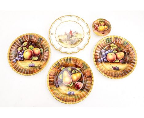 A set of three Royal Worcester plates, signed H. Ayrton; together with a Royal Crown Derby plate signed J. Doyle and a Royal 