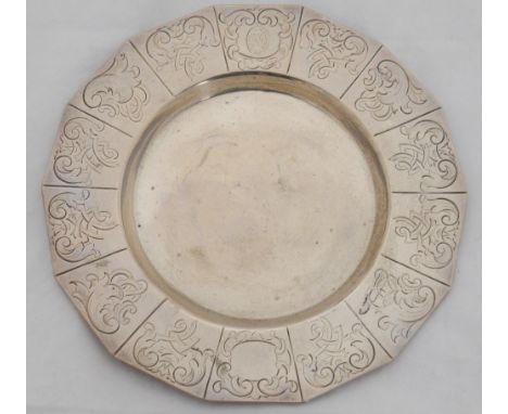 Victorian silver card tray, shaped, with engraved reserves to the border, crested, by Henry Wilkinson &amp; Co., Sheffield 18