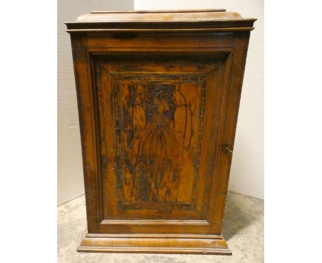 Victorian satinwood apprentice-style wall cupboard with caddy top above an inlaid door, on plinth base, 60cm high, 41cm wide 