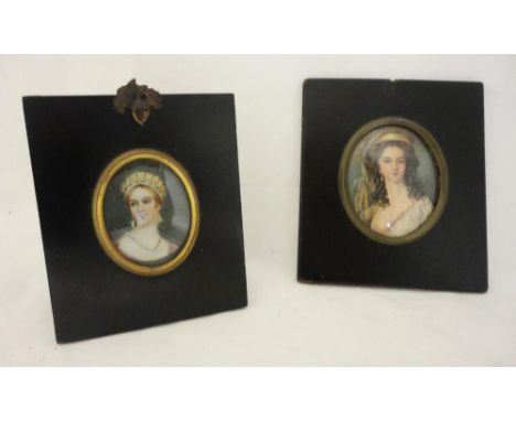 Regency portrait miniature of a young woman, oil on card, 5.5cm x 7.5cm, contained in an ebonised frame, and another, similar