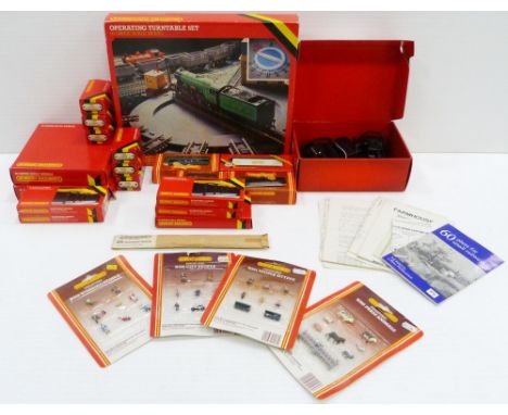 Collection of Hornby OO gauge boxed model railway accessories to include an Operating Turntable set, no. R410, roll of track 