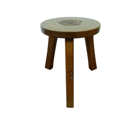 Thomas 'Gnomeman' Whittaker of Littlebeck Circular oak stool inset with carved Yorkshire flowerhead, carved gnome signature t