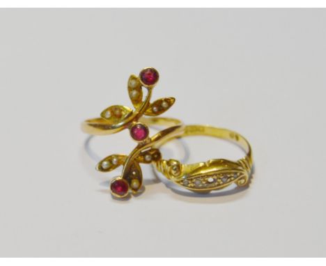 Ruby and seed pearl ring in gold and another, 18ct, size N, 4.4g gross.&nbsp; (2)