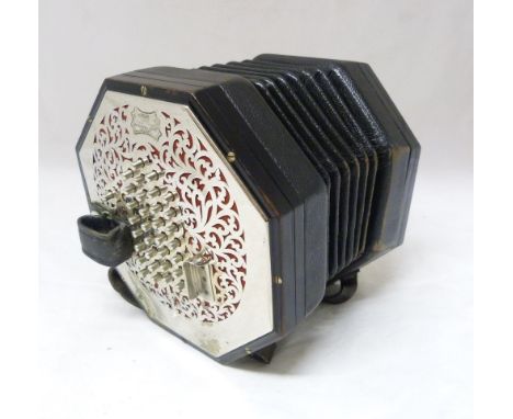 C Wheatstone &amp; Co, London Sixty-four button concertina, c. 1920, no. 35155, with pierced nickel plate ends, strap handle 