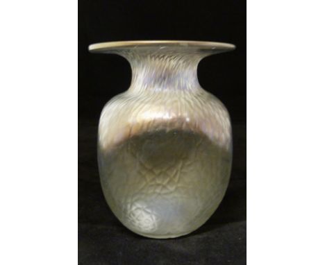 Loetz-style iridescent glass vase of dimpled form, 20th century, with flaring neck, unmarked, 14cm high, aperture 4cm and 11c