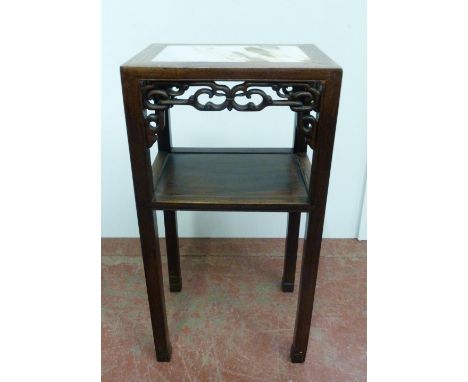 Chinese hongmu plant stand with marble inset top above scroll frieze and open tier to the centre, 81cm high, 41cm wide and 31