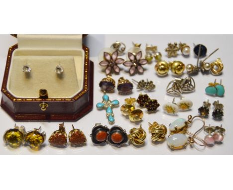 Pair of opal drop earrings and various others, some gold.