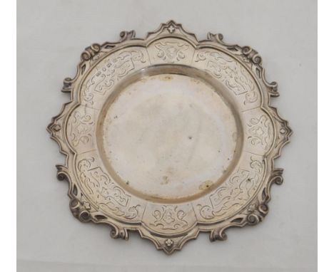 Victorian silver shaped card tray, with pierced scroll border and engraved reserves below, by Henry Wilkinson, Sheffield 1844