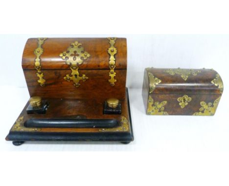 Victorian burr walnut and gilt-mounted desk stand with two inkwells, 20cm high and 31cm wide, and a similar Victorian burr wa