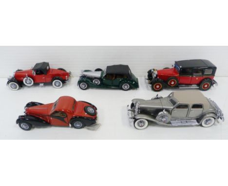 Five large classic car models of the 1920s/30s by Franklin Mint Precision Model Cars, made in Hong Kong, c. 1980s, to include