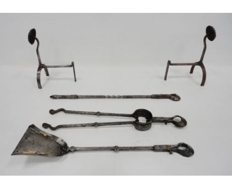 Set of three Arts &amp; Crafts polished steel fire irons in the manner of Robert Lorimer comprising tongs, poker and shovel, 