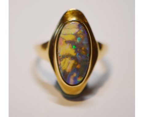 Black opal ring in stepped 9ct gold setting, size M, 4.7g gross.CONDITION REPORT: Good condition.  The opal appears to be uns