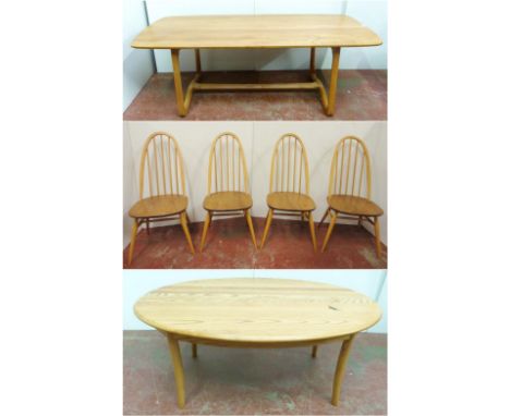 Ercol beech and elm refectory table with ornate shaped supports to each end, united by beam stretchers, 73cm high, 200cm long