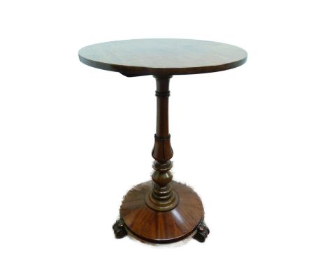 Victorian mahogany tea table with snap-action saucer top, on carved tulip and turned column, and platform base with tripod sc