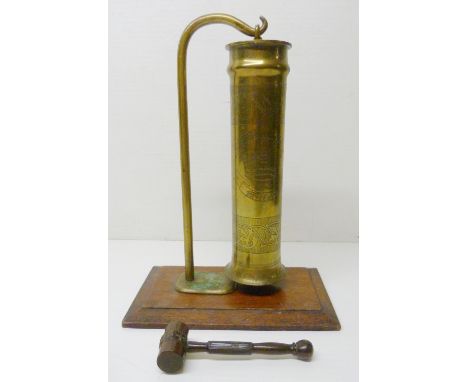 Trench Art - WWI period brass shell case dinner gong, engraved to the obverse Lieut E Wilkinson, Lothbury, Milford, crested, 