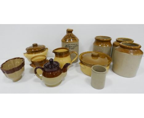 Group of earthenware jars and related kitchenalia to include three jars, one-gallon flagon named to Pickup &amp; Co., Botanic