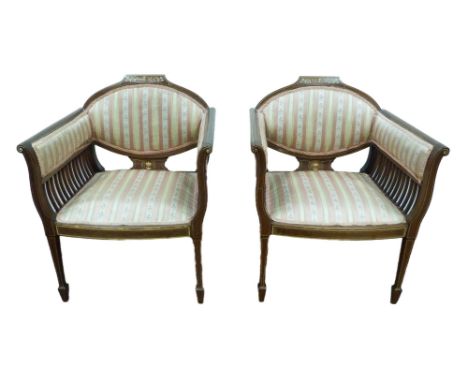 Pair of ladies' inlaid mahogany salon armchairs, upholstered in Regency-style moquette, 74cm high.&nbsp; (2) This item contai