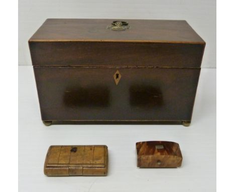 George III mahogany and boxwood strung tea caddy, 16.5cm high, 27cm wide and 14cm deep, a 19th century burr walnut snuff box,