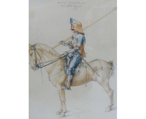 After Albrecht Durer (German, 1471 - 1528) The Weapon Knight Monogrammed and dated 1498, hand-coloured lithograph, 40.5cm x 3