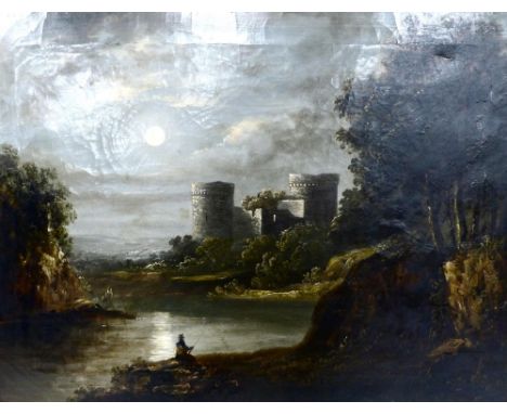 19th Century Scottish School Bothwell Castle with a fisherman on the banks of the Clyde to the foreground Unsigned, oil on ca
