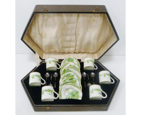 Royal Paragon porcelain six-piece coffee set decorated with green-painted lily pads to the coffee cans and saucers, coffee ca