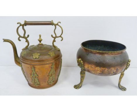 19th century copper planter on brass supports with animal paw feet, 25cm, and a large Moroccan copper and brass tea kettle, 2