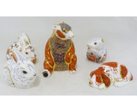 Five Royal Crown Derby animal paperweights modelled as a meadow rabbit, puppy, bear, poppy mouse and bunny, all with gold-col
