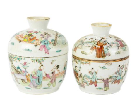 A Chinese famille rose porcelain bowl and cover, early 20th century. Decorated with figures in a landscape, red seal mark, he