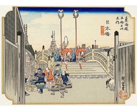 Hiroshige Ando (1797-1858). Japanese woodblock print. 'Nihonbashi Morning Scene' one of the fifty-three stations of the Tokai