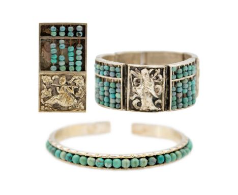 A Chinese silver and turquoise bead bracelet, clip and turquoise bead bangle. The panel bracelet and clip embossed and chased