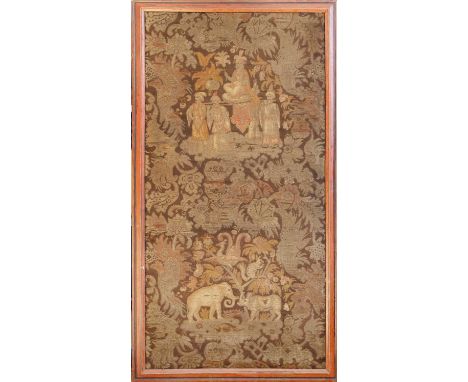 A French tapestry, 19th century, of Persian design. Depicting figures, foliage, animals and birds, in a wooden frame, height 