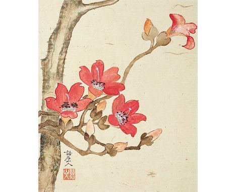 A Chinese watercolour of a flowering tree, 19th century. Calligraphy and red seal mark, frame 37 x 30.5cm.