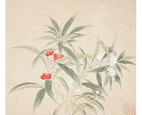 A Chinese watercolour depicting a flowering plant, early 19th century. Red seal mark, frame size 37.5 x 42cm.Some small stain