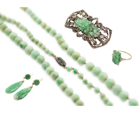 A group of green Jadeite jade jewellery. To include a graduated bead necklace with stone set 835 silver gilt clasp, length 75