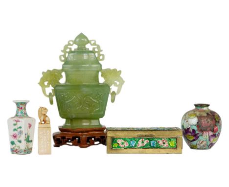A Chinese jadeite model of a vase, 20th century.  With a wooden stand, total height 17.5cm, width 14cm, depth 6cm; a Chinese 
